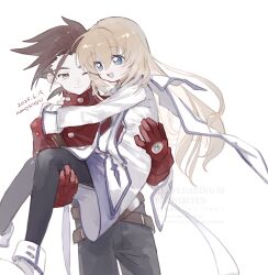  1boy 1girl absurdres blonde_hair blue_eyes brown_eyes brown_hair carrying colette_brunel dated gloves highres lloyd_irving long_hair nancykittyu one_eye_closed open_mouth princess_carry red_gloves red_shirt shirt smile spiked_hair suspenders tales_of_(series) tales_of_symphonia watermark white_background 