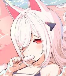  1girl animal_ears bikini black_bikini breasts commentary_request day eyes_visible_through_hair food hair_ornament hair_over_one_eye highres holding holding_food ice_cream innertube jacket long_hair long_sleeves looking_at_viewer micro_bikini mysteria_(p19) one_eye_closed original outdoors p19 puffy_long_sleeves puffy_sleeves red_eyes sleeves_past_wrists small_breasts solo swim_ring swimsuit upper_body water white_hair white_jacket 