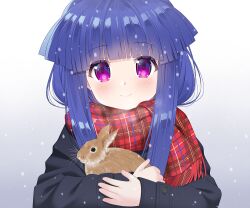 1girl animal black_jacket blue_hair chinese_zodiac closed_mouth commentary_request enpera fringe_trim furude_rika gaou_(babel) gradient_background grey_background higurashi_no_naku_koro_ni jacket long_hair long_sleeves looking_at_viewer plaid_clothes plaid_scarf purple_eyes rabbit red_scarf scarf sleeves_past_wrists smile snowing solo upper_body white_background winter_clothes year_of_the_rabbit rating:General score:7 user:danbooru