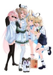  4girls :d ahoge animal_ear_fluff animal_ears apron black_gloves black_overalls black_sleeves black_streaks black_thighhighs blonde_hair blue_eyes blue_nails blue_streaks bow box cardboard_box commentary creature dooby_(vtuber) dress english_commentary full_body gloves green_dress green_eyes grin hair_bow hat highres indie_virtual_youtuber leg_lift long_hair loose_socks massiveyog multicolored_hair multiple_girls mumble_(shachimu) nail_polish navel nimi_nightmare nurse_cap one_side_up open_mouth overalls pink_hair qr_code sailor_dress sameko_saba sandals shirt shorts smile socks standing standing_on_box standing_on_one_leg sunglasses sweater tapir_ears teeth thighhighs toenail_polish toenails very_long_hair virtual_youtuber white_apron white_shirt white_shorts white_socks white_streaks white_sweater white_thighhighs 