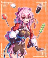  absurdres belt black_dress black_gloves bloomers blue_belt breasts checkered_background chinese_clothes commentary cookienim cowboy_shot cropped_jacket dress drooling earrings fingerless_gloves food garter_straps gloves high_belt highres honkai:_star_rail honkai_(series) jacket jewelry long_sleeves mandarin_collar march_7th_(honkai:_star_rail) march_7th_(hunt)_(honkai:_star_rail) medium_breasts medium_hair mouth_drool official_alternate_costume official_alternate_hairstyle open_mouth orange_background pink_hair puffy_sleeves red_jacket short_dress shuangyaji single_earring single_thighhigh thighhighs underbust underwear variant_set white_bloomers white_sleeves 