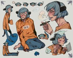  1boy animal_ears barefoot blood blood_on_clothes blood_on_face blood_on_hands blue_hair chinese_commentary cigar commentary_request english_text facial_mark fake_animal_ears fake_tail fingernails grey_background heizuo955 highres holding holding_cigar lego male_focus marijuana multiple_views nyon_(randal&#039;s_friends) paw_pose randal&#039;s_friends sharp_fingernails shirt short_hair smoking stoned tail tissue whisker_markings yellow_shirt 