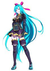  aqua_hair black_dress boots bow breasts character_request dress grin hair_between_eyes highres large_breasts long_hair looking_at_viewer megido72 pink_bow pink_eyes puyo_(puyotopia) simple_background smile thigh_boots thighhighs thighs very_long_hair white_background zettai_ryouiki 