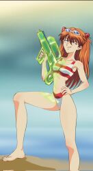 1girl amondetauro ass barefoot bikini blue_eyes breasts brown_hair grin hair_ornament hand_on_own_hip highres interface_headset_(evangelion) long_hair medium_breasts navel neon_genesis_evangelion shiny_skin simple_background smile solo souryuu_asuka_langley standing striped_bikini striped_clothes sunglasses_on_head swimsuit title very_long_hair water_gun wide_hips  rating:Sensitive score:47 user:fakyuh