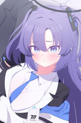 1girl 1other :t absurdres black_halo black_jacket blue_archive blue_necktie blush breasts closed_mouth commentary_request fortysansan grabbing_another&#039;s_arm halo highres id_card jacket large_breasts long_hair looking_at_viewer mechanical_halo millennium_science_school_logo necktie purple_eyes purple_hair shirt twintails white_jacket white_shirt yuuka_(blue_archive) 