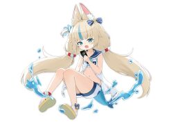  1girl absurdres animal_ear_fluff animal_ears bikini blonde_hair blue_bikini blue_eyes breasts camus_(luthfancamus) card cat_ears dress feet fins fish_girl fish_tail highres holding holding_card indie_virtual_youtuber long_hair low_twintails multicolored_hair navel open_clothes open_dress open_mouth sameko_saba sandals short_shorts shorts sleeveless sleeveless_dress small_breasts smile solo stomach streaked_hair striped_bikini striped_clothes swimsuit tail thighs twintails unbuttoned virtual_youtuber water white_dress white_shorts 