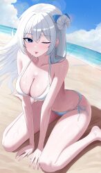  1girl :p absurdres bare_shoulders beach bikini blue_eyes blue_sky blush breasts butt_crack cleavage cloud collarbone commentary_request commission day dutch_angle hair_between_eyes hair_bun halterneck hands_on_ground harin_(byeolbich) highres korean_commentary large_breasts leaning_forward lens_flare light_particles long_hair looking_at_viewer navel on_ground one_eye_closed original outdoors pink_nails second-party_source sei_(0724sei6) side-tie_bikini_bottom single_side_bun sitting sky smile solo stomach swimsuit tongue tongue_out very_long_hair wariza wet white_bikini white_hair 