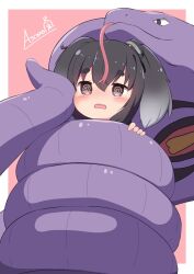  1girl @_@ arbok ascaro black_eyes black_hair blush commentary_request commission constriction crossover forked_tongue gen_1_pokemon gradient_hair grey_hair hair_between_eyes hat highres kantai_collection mini_hat multicolored_hair nintendo open_mouth pokemon pokemon_(creature) signature simple_background skeb_commission tokitsukaze_(kancolle) tongue 
