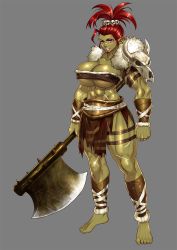 1girl abs axe bad_id bad_pixiv_id bandeau barefoot breasts brown_eyes cleavage colored_skin covered_erect_nipples eyeshadow female_focus female_orc fur green_skin huge_breasts lips loincloth looking_at_viewer makeup monster_girl muscular muscular_female nbo orc original pointy_ears ponytail red_hair scar simple_background skull solo stomach strapless tube_top weapon rating:Questionable score:76 user:danbooru