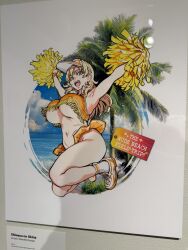 1girl acrylic_paint_(medium) arms_up bare_legs beach blonde_hair blue_eyes breasts cheering cheerleader clothes_lift colorized dress hat highres jumping large_breasts long_hair looking_at_viewer nudist_beach_ni_shuugakuryokou_de!! ocean open_mouth orange_dress painting_(medium) painting_(object) running_shoes shaved_armpits shiwasu_no_okina skirt skirt_lift sun_hat sunvisor suomi-sensei tagme thick_thighs thighs traditional_media underboob visible_ears wavy_hair wristband