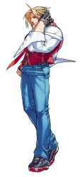  1boy absurdres belt blonde_hair blue_eyes denim edaki_shin&#039;ya fingerless_gloves full_body game_cg gloves hand_on_own_head highres jeans justice_gakuen male_focus moero!_justice_gakuen necktie non-web_source official_art pants roy_bromwell shoes short_hair simple_background sleeves_rolled_up smile sneakers solo standing vest waistcoat watch white_background wristwatch 