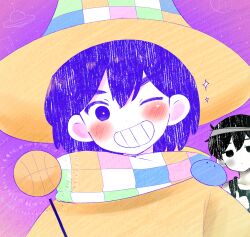 2boys ;d antenna_hair ball bandaged_head bandages bare_shoulders basketball_(object) black_eyes black_hair black_tank_top blush bright_pupils checkered_clothes checkered_hat checkered_scarf closed_mouth collarbone colored_skin commentary_request dot_nose double-parted_bangs empty_eyes grin hair_between_eyes hat head_tilt hector_(omori) holding holding_wand kel_(headspace)_(omori) kel_(omori) male_focus multiple_boys no_pupils official_alternate_costume omori omori_(omori) one_eye_closed open_mouth orange_hat orange_shirt paper_texture pokoponpen purple_background purple_eyes purple_hair rock scarf shirt short_hair simple_background smile solo_focus straight-on tank_top thumbs_up upper_body v-shaped_eyebrows wand white_pupils white_skin wizard_hat