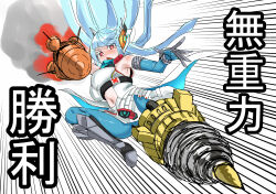  1girl absurdres bare_shoulders blue_hair blue_pantyhose character_request chihiro4010 copyright_request drill flying_kick headgear highres kamen_rider kamen_rider_fourze_(series) kicking motion_lines pantyhose red_eyes rider_kick rocket solo speed_lines 