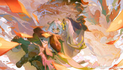  1boy 1girl alhaitham_(genshin_impact) alternate_costume analogous_colors behind_another dot_nose dragon dragon_dance eastern_dragon floating genshin_impact glowing highres holding letter light_blush long_hair long_sleeves maoqiu_gungun_lai_berriiiq nahida_(genshin_impact) projected_inset side_ponytail solo_focus watermark weibo_watermark 