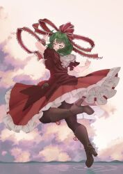  1girl absurdres arm_ribbon black_pantyhose boots bow closed_eyes dress facing_viewer frilled_dress frills front_ponytail green_hair hair_bow hair_ribbon high_heel_boots high_heels highres jackyyeah kagiyama_hina pantyhose petticoat red_bow red_dress red_ribbon ribbon smile solo standing standing_on_one_leg touhou 