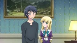  1boy 1girl animal_ears animated arm_around_neck blonde_hair blue_eyes blue_hair blush close-up closed_eyes from_side green_eyes happy height_difference heterochromia highres hug isekai_wa_smartphone_to_tomo_ni. kiss long_hair looking_at_another mochizuki_touya multiple_views nervous open_mouth puckered_lips short_hair sitting smile sound tongue video yumina_elnea_belfast 