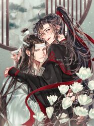  2boys ahoge bishounen black_hair black_hanfu black_robe branch brown_hair chinese_clothes closed_mouth couple english_text eyelashes flower grey_eyes hair_ribbon hand_on_another&#039;s_shoulder hanfu headband high_ponytail highres holding holding_ribbon hug indoors lan_wangji lattice light_particles long_hair long_sleeves looking_at_viewer male_focus mg_ms_dayo modao_zushi mountain multiple_boys open_mouth ponytail red_ribbon ribbon robe sidelocks sitting sky sleeves_past_wrists smile standing topknot tree twitter_username upper_body very_long_hair wei_wuxian white_flower white_hanfu white_headband white_robe wide_sleeves window xiao_guan_(headdress) yaoi yellow_eyes 