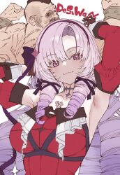  1boy 1girl absurdres armpits closed_mouth crossover drill_hair highres hyakumantenbara_salome hyakumantenbara_salome_(1st_costume) long_hair looking_at_viewer nijisanji purple_eyes purple_hair simple_background smile street_fighter suujiniku twin_drills virtual_youtuber white_background zangief 