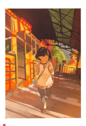  1girl autumn_leaves backpack bag black_eyes blouse border brown_eyes brown_hair brown_shoes capri_pants female_focus funicular hairband highres holding_strap leaf loafers long_sleeves looking_away looking_to_the_side matching_hair/eyes original overhead_line page_number pants parted_lips railing scan shade shirt shoes short_hair smile socks solo source_request stairs sunlight sunset takamichi tan thermos train_station walking white_border white_socks 