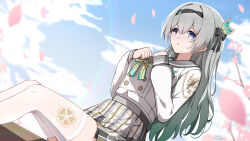  1girl absurdres blue_sky blush bow breasts firefly_(honkai:_star_rail) firefly_(spring_missive)_(honkai:_star_rail) gradient_hair green_bow grey_hair grey_skirt hair_between_eyes hair_ornament hands_on_own_chest highres honkai:_star_rail honkai_(series) long_hair long_sleeves looking_at_viewer medium_breasts multicolored_hair mxirony official_alternate_costume open_mouth pink_eyes school_uniform sitting skirt sky thick_thighs thighhighs thighs white_thighhighs 