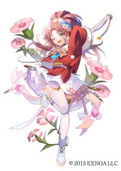  1girl ;d ankle_boots aqua_eyes arm_up black_choker blue_gemstone boots bow bowtie choker copyright_notice cropped_jacket crystal_hair_ornament dianthus floral_background flower flower_knight_girl flower_ornament flower_trim footwear_flower full_body fur-trimmed_sleeves fur_trim gem hair_flower hair_ornament high_ponytail highres holding holding_sword holding_weapon jacket jewelry lace-up_boots long_hair looking_at_viewer magatama magatama_necklace miniskirt nadeshiko_(flower_knight_girl) name_connection necklace obijime object_namesake official_art one_eye_closed ootachi open_clothes open_jacket open_mouth orange_bow orange_bowtie orange_hair parted_bangs pink_flower pleated_skirt pom_pom_(clothes) ponytail red_jacket red_sash sash sheath shirt simple_background skirt smile solo standing standing_on_one_leg striped_bow striped_bowtie striped_clothes sword tenryou_sena thighhighs weapon weapon_on_back white_background white_boots white_shirt white_skirt white_thighhighs 