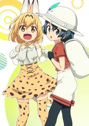  10s 2girls :d animal_ears animal_print backpack bag bare_shoulders black_eyes black_gloves black_hair black_legwear blonde_hair bow bowtie breasts brown_eyes bucket_hat choker clenched_hands elbow_gloves feet_out_of_frame gloves grey_shorts hair_between_eyes happy hat hat_feather highres kaban_(kemono_friends) kemono_friends looking_at_viewer medium_breasts multiple_girls open_mouth orange_legwear orange_neckwear orange_skirt pantyhose red_shirt serval_(kemono_friends) serval_tail shirt short_hair short_sleeves shorts skirt sleeveless sleeveless_shirt smile standing tail thighhighs tomato_(lsj44867) two-tone_bow two-tone_bowtie white_hat white_shirt  rating:Sensitive score:4 user:danbooru