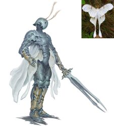  1boy absurdres antennae armor arthropod_boy breastplate bug commentary creature_and_personification english_commentary full_armor gauntlets greaves helm helmet highres holding holding_sword holding_weapon insect insect_wings male_focus moth moth_boy moth_wings original personification photo_inset simple_background solo standing sword tu_tka weapon white_background wings 