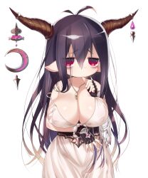  1girl antenna_hair arm_under_breasts bad_id bad_twitter_id bags_under_eyes bandages biting breasts cleavage covered_erect_nipples crescent danua draph dress fingerless_gloves gloves granblue_fantasy hair_between_eyes horn_ornament horns huge_breasts inactive_account jewelry jitome long_hair nail_biting necklace ogata_zen pointy_ears purple_hair raised_inner_eyebrows red_eyes simple_background solo strap_slip white_background white_dress 