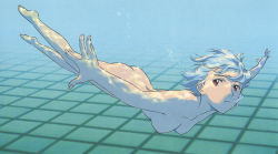  1girl :t ass ayanami_rei back blue_hair breasts bubble caustics foreshortening from_side highres holding_breath legs neon_genesis_evangelion nipples nude outstretched_arms pale_skin pool pout red_eyes short_hair skinny_dipping small_breasts solo spread_arms swimming third-party_edit tiles tsurumaki_kazuya underwater 