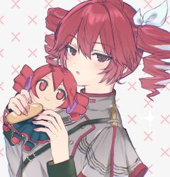  1girl blush bread buttons double-breasted double-parted_bangs drill_hair food grey_jacket hair_between_eyes hashtag-only_commentary heremia highres holding holding_stuffed_toy jacket kasane_teto kasane_teto_(sv) long_eyelashes looking_at_viewer pink_nails red_eyes red_hair solo stuffed_toy synthesizer_v twin_drills utau 