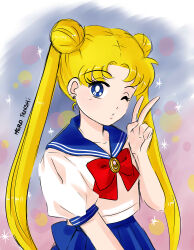  1girl absurdres artist_name bishoujo_senshi_sailor_moon blonde_hair blue_background blue_eyes blue_sailor_collar blue_skirt collarbone highres juuban_middle_school_uniform merotenshi mixed-language_commentary one_eye_closed pale_skin pleated_skirt sailor_collar school_uniform skirt solo tsukino_usagi v 