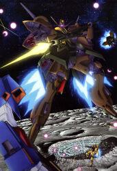  absurdres aeug alternate_form artist_request battle beam_cannon beam_rifle city crater energy_beam energy_blade energy_gun explosion exposed_internal_machinery fake_screenshot gabthley gundam gundam_perfect_file highres hyaku_shiki machinery mecha mecha_focus mobile_suit moon no_humans one-eyed robot science_fiction space star_(sky) thrusters titans_(gundam) vernier_thrusters weapon zeta_gundam zeta_gundam_(mobile_suit) 