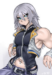  1boy armpits bare_shoulders belt blue_eyes chuchubreeze closed_mouth commentary english_commentary eyelashes grey_hair highres kingdom_hearts kingdom_hearts_ii long_hair male_focus midriff_peek muscular muscular_male navel navel_piercing pants partially_unzipped pectorals piercing riku_(kingdom_hearts) sleeveless solo stomach zipper 