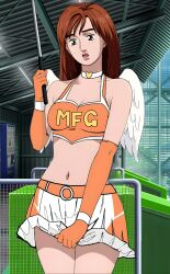 1girl absurdres angel_wings ass belly bikini bottomless breasts brown_hair buttons collar crop_top day dress_shirt elbow_gloves embarrassed gloves highres initial_d lips lipstick looking_at_viewer makeup medium_breasts mf_ghost navel open_clothes open_mouth open_shirt outdoors panties plaid_clothes plaid_shirt pocket race_queen red_lips shirt short_hair skirt smile solo standing swept_bangs swimsuit uehara_mika underwear white_panties white_skirt wings