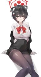 1girl absurdres animal_ear_fluff animal_ears arm_support black_coat black_eyes black_hair black_pantyhose black_skirt blue_archive bow bowtie bra_visible_through_clothes breasts button_gap cleavage coat extra_ears gloves hair_between_eyes halo high-waist_skirt highres large_breasts looking_at_viewer off_shoulder official_alternate_costume open_clothes open_coat pantyhose pencil_skirt raccoon_ears raccoon_girl rang_go red_bow red_bowtie red_halo shirt short_hair simple_background sitting skirt smile solo tsubaki_(blue_archive) tsubaki_(guide)_(blue_archive) white_background white_gloves white_shirt 