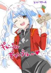  1girl ;d animal_ear_fluff animal_ears banknote between_fingers black_dress blush braid brown_eyes commentary_request cosplay cropped_jacket dress highres holding holding_money hololive jacket katsuragi_misato katsuragi_misato_(cosplay) kiritoma long_hair long_sleeves looking_at_viewer money neon_genesis_evangelion one_eye_closed open_clothes open_jacket open_mouth pekomon_(usada_pekora) rabbit-shaped_pupils rabbit_ears red_jacket short_eyebrows signature simple_background smile solo symbol-shaped_pupils thick_eyebrows translation_request twin_braids twintails usada_pekora very_long_hair white_background 