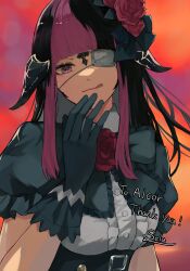  1girl absurdres au_ra black_dress black_gloves black_hair black_horns black_scales commission commissioner_insert commissioner_name commissioner_upload cosplay date_a_live dragon_girl dragon_horns dress eyepatch final_fantasy final_fantasy_xiv flower gloves gothic_lolita hair_flower hair_ornament highres horns licking_lips lolita_fashion long_hair medical_eyepatch multicolored_hair pink_eyes pink_hair red_flower red_rose rose scales selala_hades shizuna_kurogane skeb_commission sunset thank_you tokisaki_kurumi tokisaki_kurumi_(cosplay) tongue tongue_out warrior_of_light_(ff14) 