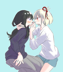  2girls black_hair black_shirt blonde_hair blue_background blue_shorts blush commentary cowboy_shot eye_contact food grey_skirt hair_ribbon hand_on_another&#039;s_neck highres inoue_takina long_hair long_sleeves looking_at_another lycoris_recoil medium_hair multiple_girls nervous_sweating nishikigi_chisato one_side_up open_mouth pocky pocky_kiss purple_eyes red_eyes red_ribbon ribbon shared_food shirt shorts simple_background skirt smile sweat syonosuke9573 white_shirt yuri 