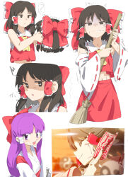  absurdres bare_shoulders blush bow broom brown_eyes brown_hair csham detached_sleeves expressionless gohei grin hair_tubes hakurei_reimu hakurei_reimu_(pc-98) highres holding holding_broom holding_gohei holding_ofuda japanese_clothes long_hair medium_hair multiple_expressions navel open_mouth purple_eyes purple_hair red_bow red_shirt red_skirt shirt skirt smile touhou upper_body variations yukkuri_shiteitte_ne 