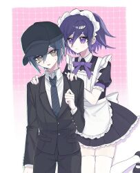  2boys apron black_dress black_hat black_jacket black_pants black_shoes bow brown_eyes collared_shirt crossdressing danganronpa_(series) danganronpa_v3:_killing_harmony dress hand_up hat highres jacket k_(k8515723858516) large_bow long_sleeves looking_at_another maid maid_apron male_focus multiple_boys necktie official_alternate_costume oma_kokichi pants pink_background pink_eyes saihara_shuichi shirt shoes sideways_glance smile striped_necktie thighhighs white_apron white_bow white_shirt white_thighhighs zettai_ryouiki 