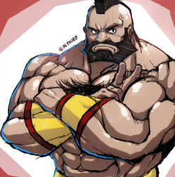  1boy altauro artist_name bara beard black_eyes crossed_arms facial_hair frown hair_tuft looking_at_viewer mohawk muscular muscular_male signature street_fighter upper_body v zangief 