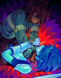  2others armor armored_gloves blue_hair blue_skin brown_hair clenched_teeth colored_skin commentary deltarune dual_persona english_commentary goomyloid green_sweater hair_over_one_eye highres kris_(dark_world)_(deltarune) kris_(deltarune) multiple_others other_focus red_eyes strangling striped_clothes striped_sweater sweater tears teeth  rating:General score:2 user:danbooru