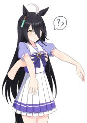  1girl ? absurdres ahoge armpit_carry colored_skin disembodied_hand ear_ornament ear_tag earrings frilled_skirt frills grey_hair hair_between_eyes highres jewelry lifting_person long_hair_between_eyes longcat_(meme) manhattan_cafe_(umamusume) meme multicolored_hair multicolored_skin outstretched_arms pleated_skirt puffy_short_sleeves puffy_sleeves purple_shirt purple_trim quellpan sailor_collar school_uniform shirt short_sleeves simple_background single_earring skirt solo spoken_question_mark tracen_school_uniform two-tone_skin umamusume white_background white_sailor_collar white_shirt white_skirt yellow_eyes 