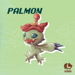  artist_logo artist_name character_name digimon digimon_(creature) ecreau green_background highres logo no_humans open_mouth palmon plant_monster solo 