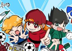  3boys antenna_hair backwards_hat ball bandaid black_hair blonde_hair blue_background blue_skirt blunt_bangs boomer_(ppg) brick_(ppg) brothers butch_(ppg) child closed_eyes facing_viewer fang green_eyes green_shirt grin hat long_hair looking_at_viewer male_focus multiple_boys open_mouth orange_hair parted_bangs pongpongi powerpuff_girls red_eyes red_hat red_shirt rowdyruff_boys shirt short_hair siblings side-by-side skirt smile spiked_hair striped_clothes striped_shirt toy 