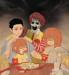  2boys 2girls art_the_clown black_eyes black_hair blunt_bangs blunt_ends bob_cut child clown clown_boy cosplay creepy daughter_(yoru_mac) father_(yoru_mac) father_and_daughter food french_fries grin horror_(theme) husband_and_wife makeup mcdonald&#039;s mother_(yoru_mac) mother_and_daughter multiple_boys multiple_girls orange_hair parody red_hair ronald_mcdonald ronald_mcdonald_(cosplay) sashizume_soutarou shaded_face short_hair smile teeth terrifier trait_connection yoru_mac 
