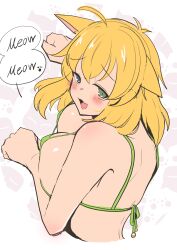  1girl :3 absurdres ahoge animal_ears bikini blonde_hair blue_eyes blush breasts cat_ears cat_girl commentary english_text green_bikini green_eyes heterochromia highres large_breasts looking_at_viewer medium_hair open_mouth paw_pose rasetuayano ryouna_(senran_kagura) senran_kagura solo speech_bubble swimsuit symbol-only_commentary 