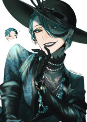  +++ 1boy 1girl 53_(gomeoh_530) :d ^_^ absurdres aqua_hair aqua_jacket asymmetrical_bangs black_gloves black_hair black_hat black_lips black_shirt blazer blunt_ends blush bracelet chibi chibi_inset closed_eyes earrings elbow_gloves eyeshadow finger_to_own_chin frilled_shirt_collar frills from_below georgina_leech glitter_makeup gloves gloves_over_sleeves gold_bracelet green_eyes green_eyeshadow grin hair_behind_ear hair_over_one_eye hair_over_shoulder hat hat_ribbon highres jacket jade_leech jewelry lapels leaning_forward leather leather_gloves lipstick long_hair looking_at_viewer makeup mature_eyes mature_female mother_and_son multicolored_hair narrowed_eyes necklace open_mouth pale_skin patterned_clothing pearl_earrings pearl_necklace pocket_square ribbon shade sharp_teeth shawl_lapels shell shell_earrings shiny_lips shirt simple_background smile solo_focus straight_hair streaked_hair sun_hat teeth twisted_wonderland twitter_username upper_body white_background 