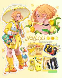  1girl artist_name baby_animal bird black_choker blonde_hair blue_eyes boots camera choker disposable_camera duck duck_print duckling english_text flower food highres holding holding_umbrella luztapiaart multiple_views original pimple popcorn print_boots raincoat rubber_boots tulip umbrella videocassette watermark yellow_boots yellow_flower yellow_raincoat yellow_tulip 