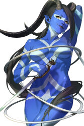  1girl black_hair blue_skin closed_mouth colored_skin commentary_request cybele_(megami_tensei) demon_(megami_tensei) devil_summoner_(series) eyelashes highres holding holding_weapon horns long_hair looking_at_viewer macossa navel no_nipples nude shin_megami_tensei smile solo standing very_long_hair weapon yellow_eyes 